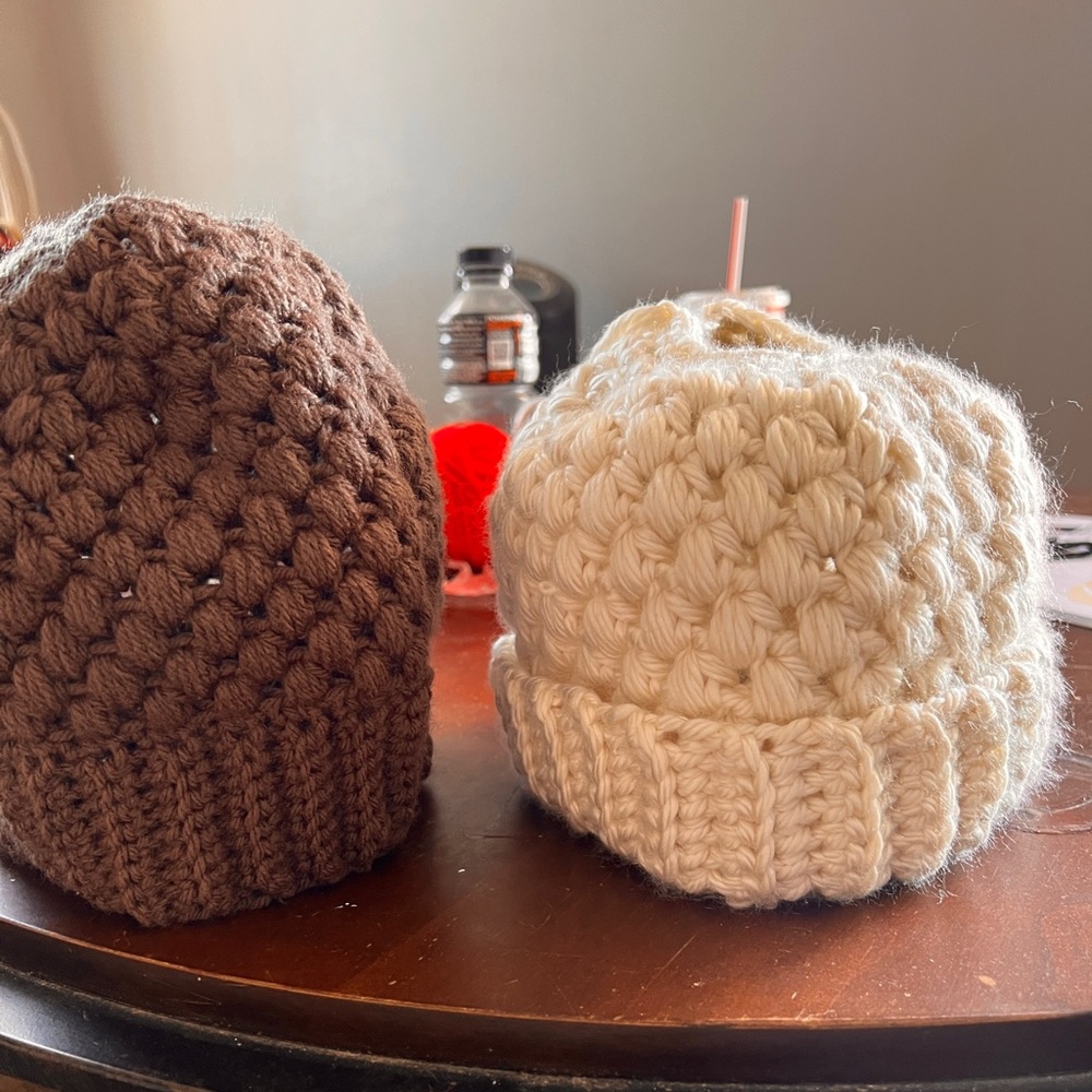 Handmade crochet ponytail messy bun beanie
